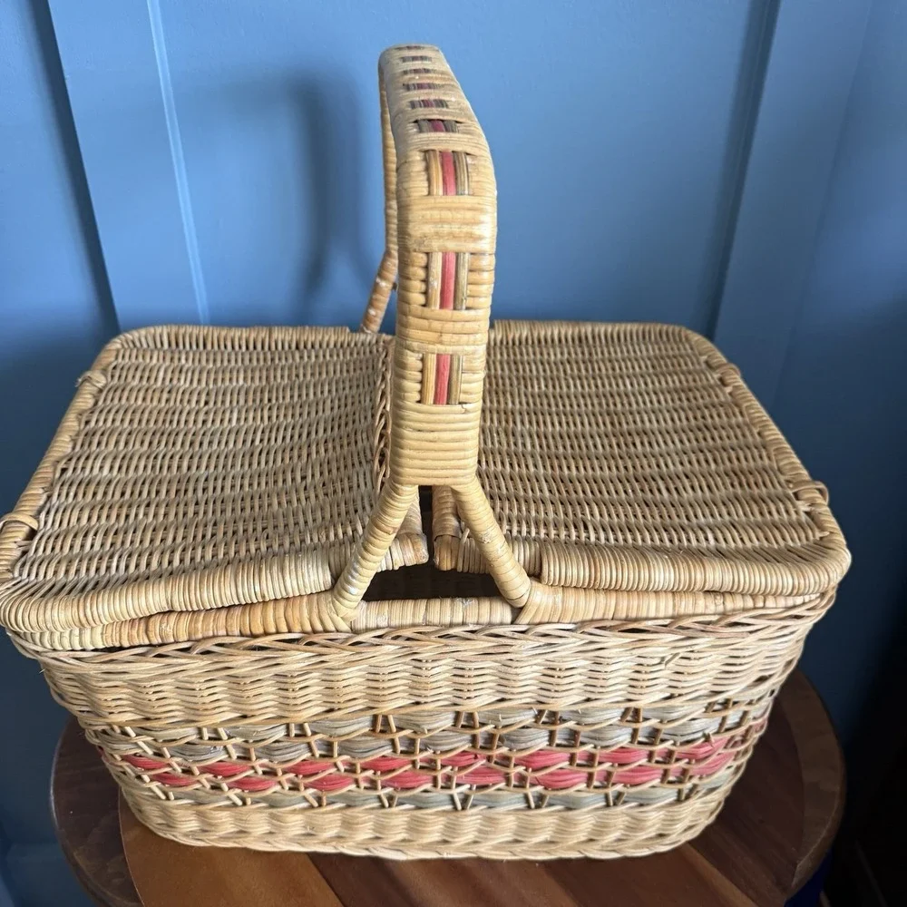 Vintage Wicker Picnic Market Basket Double Lid Terracotta Sage Large